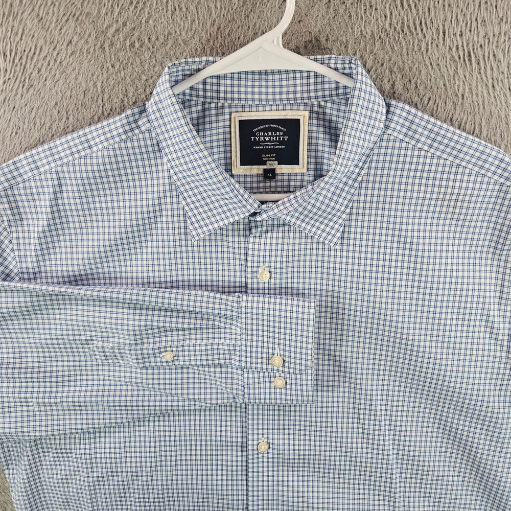 Charles‎ Tyrwhitt Mens XL Slim Fit Non-Iron Cotton Check Dress Shirt Blue White